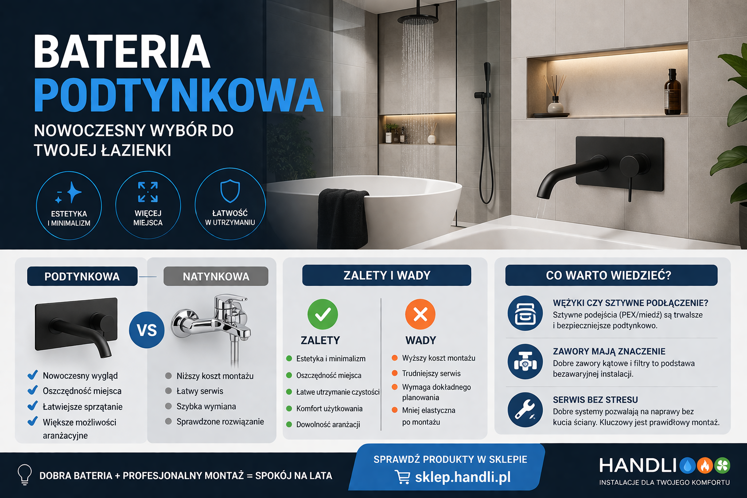 Nowoczesna łazienka z baterią podtynkową – porównanie z baterią natynkową, zalety, wady oraz wskazówki montażowe i serwisowe