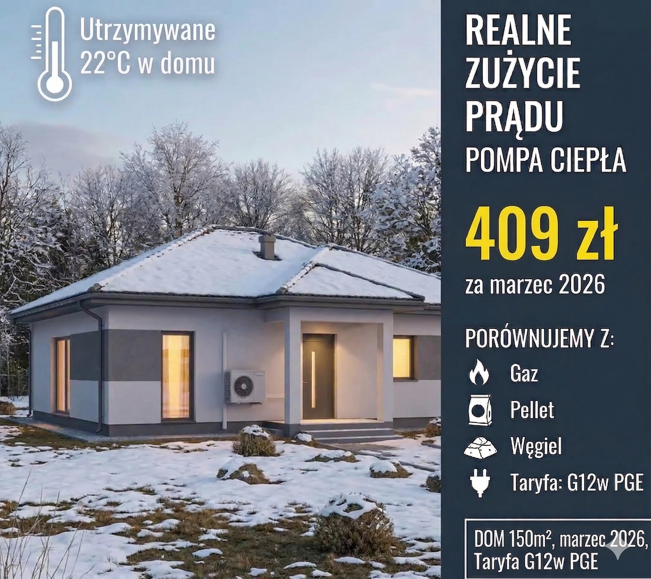 Zużycie prądu pompa ciepła – Marzec 2026 w domu 150 m²